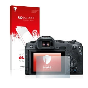 Parte frontal de un envase de producto con el logotipo de la marca upscreen. Al lado se muestra el dispositivo Canon EOS R8 co