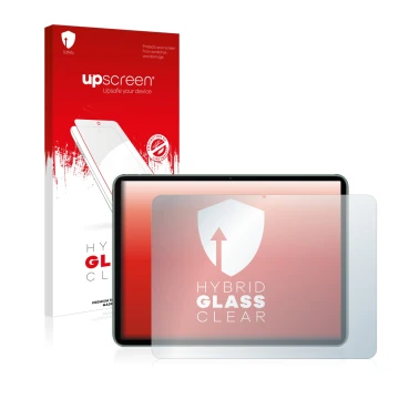 Parte frontal de un envase de producto con el logotipo de la marca upscreen. Al lado se muestra el dispositivo OnePlus Pad con