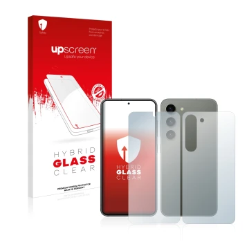 Parte frontal de un envase de producto con el logotipo de la marca upscreen. Al lado se muestra el dispositivo Samsung Galaxy 