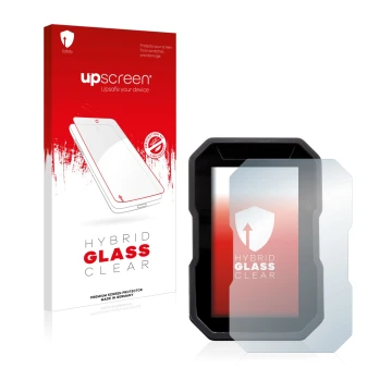 Parte frontal de un envase de producto con el logotipo de la marca upscreen. Al lado se muestra el dispositivo Ducati DesertX 