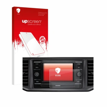 Parte frontal de un envase de producto con el logotipo de la marca upscreen. Al lado se muestra el dispositivo Volkswagen Craf