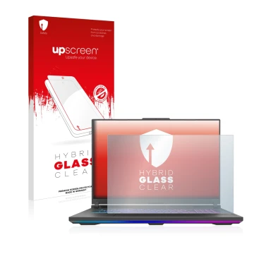 Parte frontal de un envase de producto con el logotipo de la marca upscreen. Al lado se muestra el dispositivo ASUS ROG Strix 