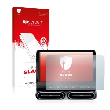 Parte frontal de un envase de producto con el logotipo de la marca upscreen. Al lado se muestra el dispositivo Smart #1 Pro+ 1