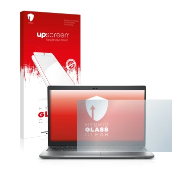 Parte frontal de un envase de producto con el logotipo de la marca upscreen. Al lado se muestra el dispositivo Dell Latitude 5
