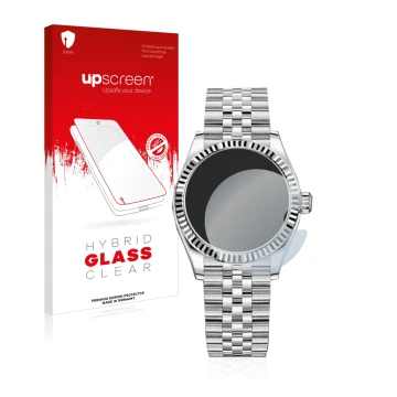Parte frontal de un envase de producto con el logotipo de la marca upscreen. Al lado se muestra el dispositivo Rolex Datejust 