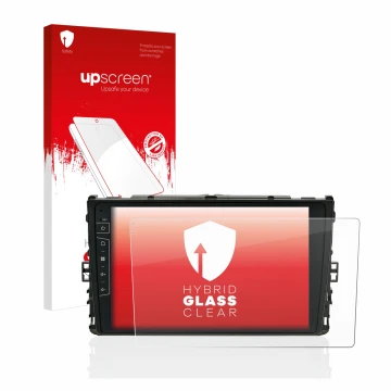 Parte frontal de un envase de producto con el logotipo de la marca upscreen. Al lado se muestra el dispositivo Dynavin D8-DF63