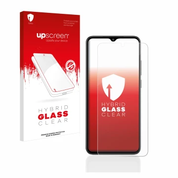 Parte frontal de un envase de producto con el logotipo de la marca upscreen. Al lado se muestra el dispositivo Xiaomi Redmi A2