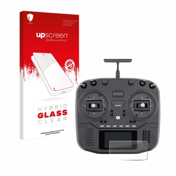 Parte frontal de un envase de producto con el logotipo de la marca upscreen. Al lado se muestra el dispositivo Radiomaster Box