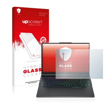 Parte frontal de un envase de producto con el logotipo de la marca upscreen. Al lado se muestra el dispositivo Lenovo Legion P