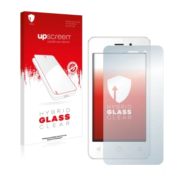 Parte frontal de un envase de producto con el logotipo de la marca upscreen. Al lado se muestra el dispositivo NUU Mobile A1 c