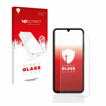 Parte frontal de un envase de producto con el logotipo de la marca upscreen. Al lado se muestra el dispositivo Samsung Galaxy 