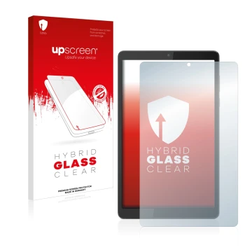 Parte frontal de un envase de producto con el logotipo de la marca upscreen. Al lado se muestra el dispositivo Lenovo Tab M8 (