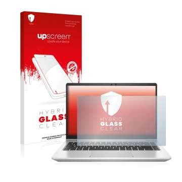 Parte frontal de un envase de producto con el logotipo de la marca upscreen. Al lado se muestra el dispositivo HP ProBook 445 