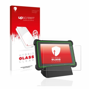 Parte frontal de un envase de producto con el logotipo de la marca upscreen. Al lado se muestra el dispositivo Hella Gutmann M