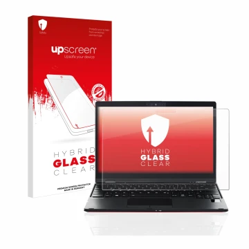 Parte frontal de un envase de producto con el logotipo de la marca upscreen. Al lado se muestra el dispositivo Fujitsu Lifeboo