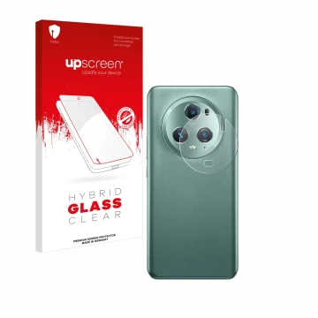 Parte frontal de un envase de producto con el logotipo de la marca upscreen. Al lado se muestra el dispositivo Honor Magic 5 P