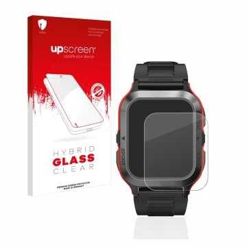 Parte frontal de un envase de producto con el logotipo de la marca upscreen. Al lado se muestra el dispositivo Kospet Tank M2 