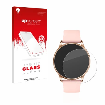 Parte frontal de un envase de producto con el logotipo de la marca upscreen. Al lado se muestra el dispositivo Levowatch F2 co