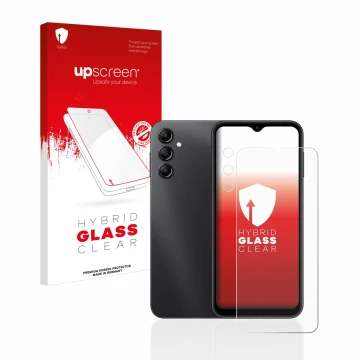 Parte frontal de un envase de producto con el logotipo de la marca upscreen. Al lado se muestra el dispositivo Samsung Galaxy 