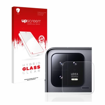 Parte frontal de un envase de producto con el logotipo de la marca upscreen. Al lado se muestra el dispositivo Xiaomi 13 (SÓLO