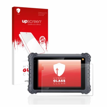 Parte frontal de un envase de producto con el logotipo de la marca upscreen. Al lado se muestra el dispositivo Autel MaxiCom M