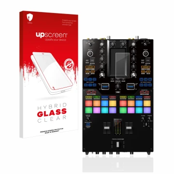 Parte frontal de un envase de producto con el logotipo de la marca upscreen. Al lado se muestra el dispositivo Pioneer DJM-S11