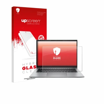 Parte frontal de un envase de producto con el logotipo de la marca upscreen. Al lado se muestra el dispositivo HP Zbook Firefl
