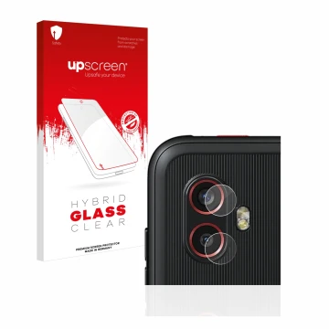 Parte frontal de un envase de producto con el logotipo de la marca upscreen. Al lado se muestra el dispositivo Samsung Galaxy 