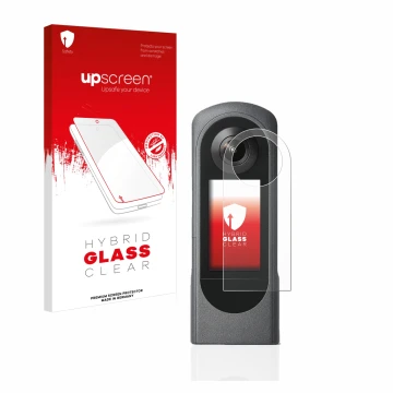 Parte frontal de un envase de producto con el logotipo de la marca upscreen. Al lado se muestra el dispositivo Ricoh Theta X c