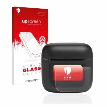 Parte frontal de un envase de producto con el logotipo de la marca upscreen. Al lado se muestra el dispositivo JBL Tour Pro 2 