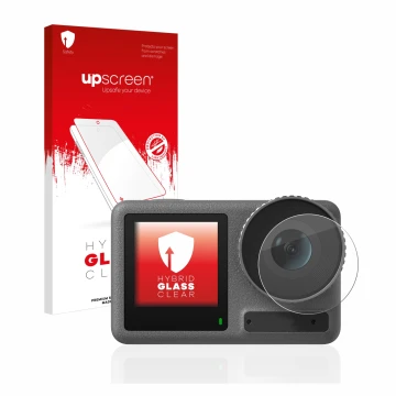 Parte frontal de un envase de producto con el logotipo de la marca upscreen. Al lado se muestra el dispositivo DJI Osmo Action