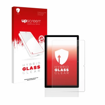Parte frontal de un envase de producto con el logotipo de la marca upscreen. Al lado se muestra el dispositivo Blackview Tab 1