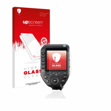 Parte frontal de un envase de producto con el logotipo de la marca upscreen. Al lado se muestra el dispositivo Godox XPro II c