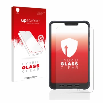 Parte frontal de un envase de producto con el logotipo de la marca upscreen. Al lado se muestra el dispositivo Samsung Galaxy 
