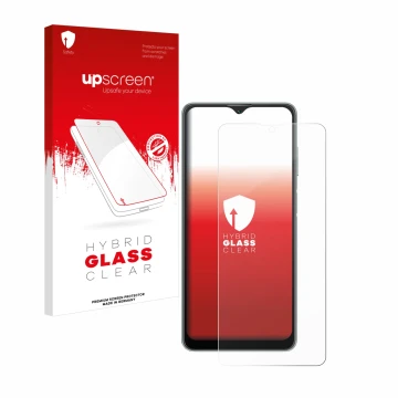 Parte frontal de un envase de producto con el logotipo de la marca upscreen. Al lado se muestra el dispositivo Blackview A53 c
