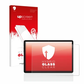 Parte frontal de un envase de producto con el logotipo de la marca upscreen. Al lado se muestra el dispositivo Teclast P40HD c