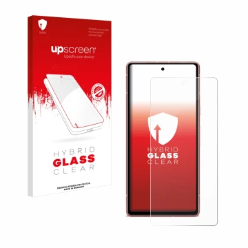 Parte frontal de un envase de producto con el logotipo de la marca upscreen. Al lado se muestra el dispositivo Google Pixel 7a
