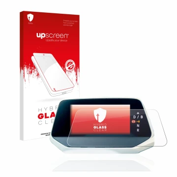 Parte frontal de un envase de producto con el logotipo de la marca upscreen. Al lado se muestra el dispositivo Volkswagen ID.4