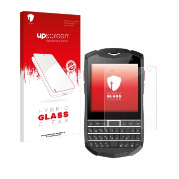 Parte frontal de un envase de producto con el logotipo de la marca upscreen. Al lado se muestra el dispositivo Unihertz Titan 