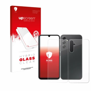 Parte frontal de un envase de producto con el logotipo de la marca upscreen. Al lado se muestra el dispositivo Samsung Galaxy 