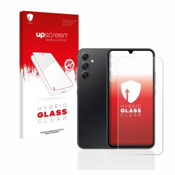 Parte frontal de un envase de producto con el logotipo de la marca upscreen. Al lado se muestra el dispositivo Samsung Galaxy 