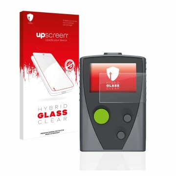 Parte frontal de un envase de producto con el logotipo de la marca upscreen. Al lado se muestra el dispositivo Swissphone Boss