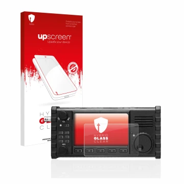 Parte frontal de un envase de producto con el logotipo de la marca upscreen. Al lado se muestra el dispositivo Xiegu X6100 HF-