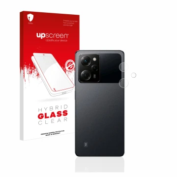 Parte frontal de un envase de producto con el logotipo de la marca upscreen. Al lado se muestra el dispositivo Xiaomi Poco X5 