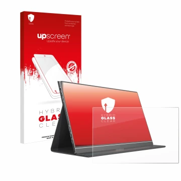 Parte frontal de un envase de producto con el logotipo de la marca upscreen. Al lado se muestra el dispositivo Arzopa S1 Table