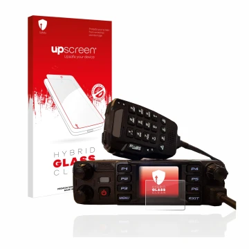 Parte frontal de un envase de producto con el logotipo de la marca upscreen. Al lado se muestra el dispositivo AnyTone AT-D578