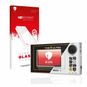 Parte frontal de un envase de producto con el logotipo de la marca upscreen. Al lado se muestra el dispositivo Rover TAB 5 ULT