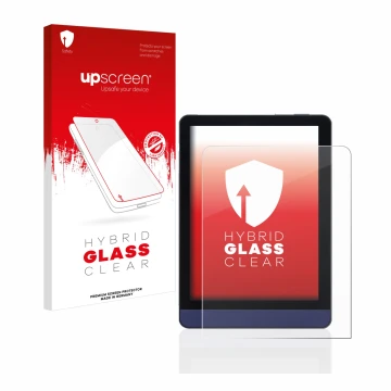 Parte frontal de un envase de producto con el logotipo de la marca upscreen. Al lado se muestra el dispositivo Meebook M6 6