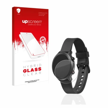 Parte frontal de un envase de producto con el logotipo de la marca upscreen. Al lado se muestra el dispositivo Doro Watch con 