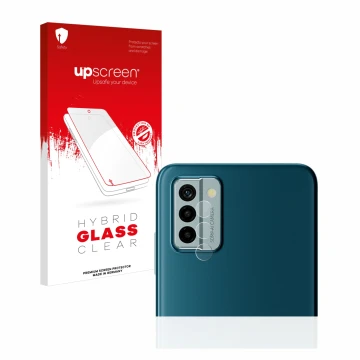 Parte frontal de un envase de producto con el logotipo de la marca upscreen. Al lado se muestra el dispositivo Nokia G22 (SÓLO